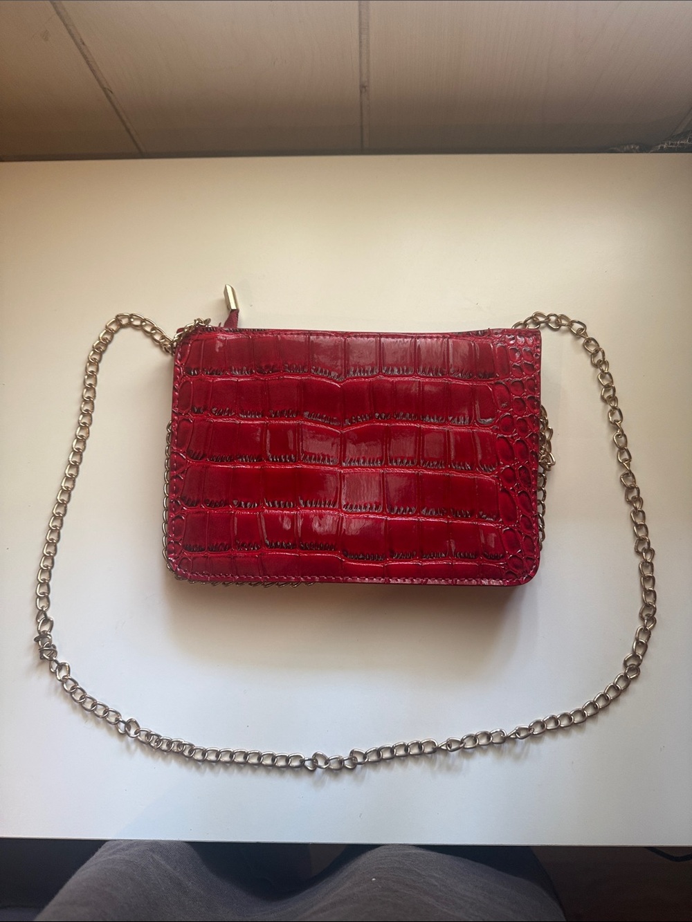 Red Faux Croc-Embossed Chain Strap Crossbody Bag